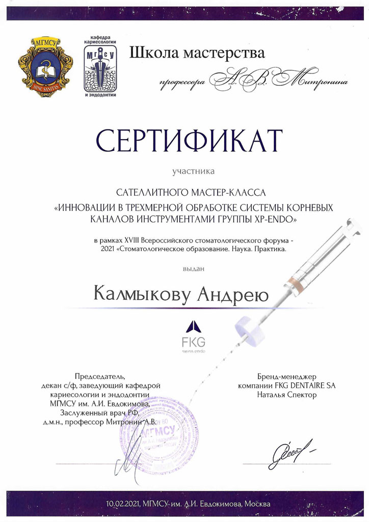 Сертификат стоматолога Калмыкова Андрея: Инновации в трёхмерной обработке системы корневых каналов инструментами XP-ENDO