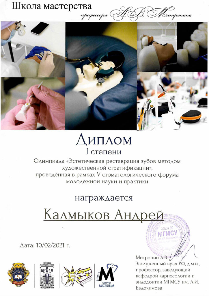 Сертификат стоматолога Калмыкова Андрея: Эстетическая реставрация зубов методом художественной стратификации
