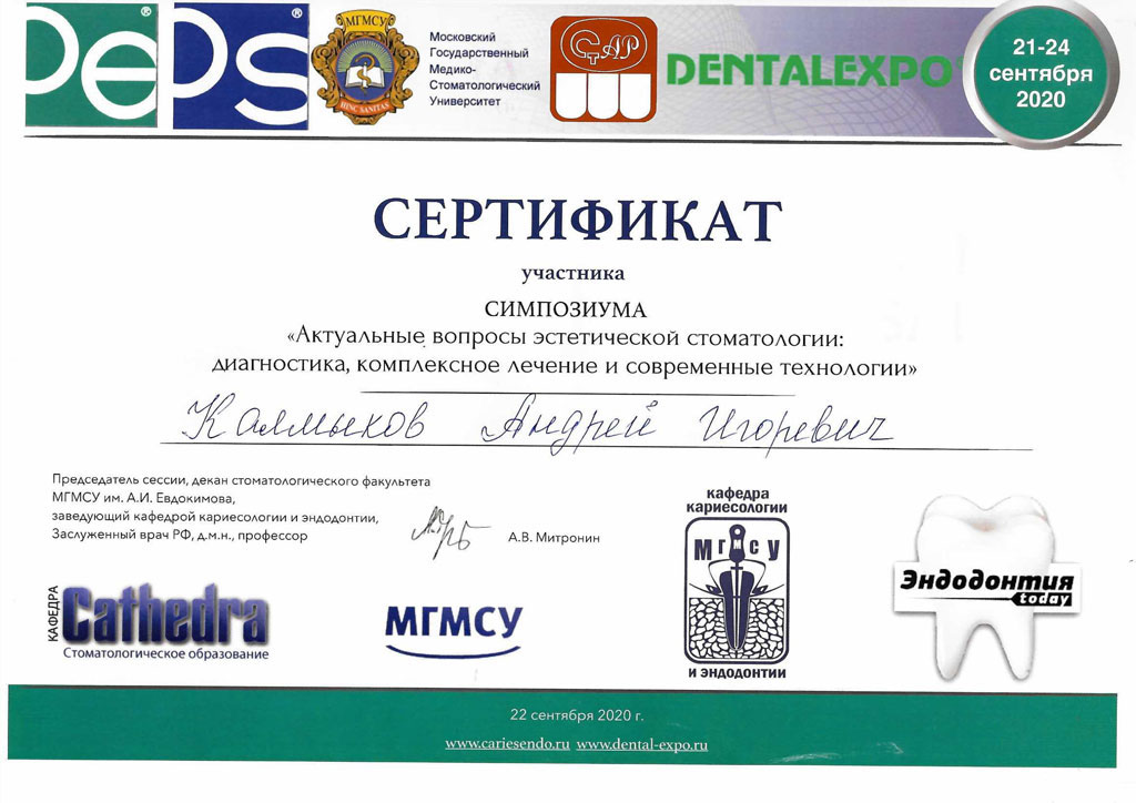 Сертификат стоматолога Калмыкова Андрея: Актуальные вопросы эстетической стоматологии