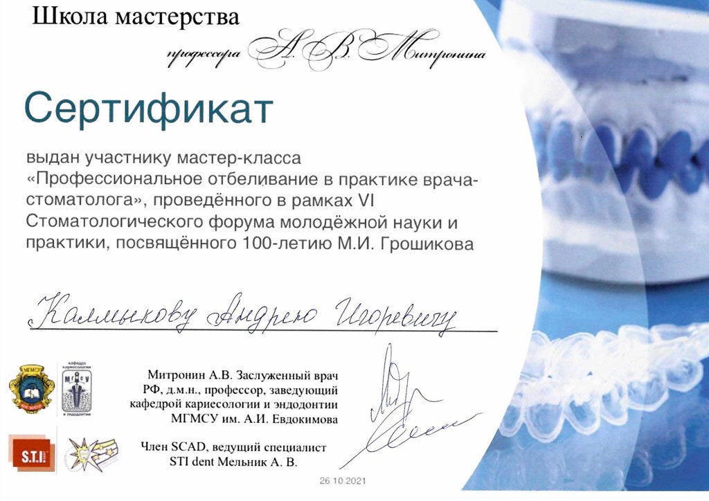 Сертификат стоматолога Калмыкова Андрея: Профессиональное отбеливание в практике врача стоматолога